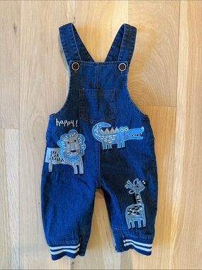 Kids Denim Overalls with Animal Appliqués - Blue